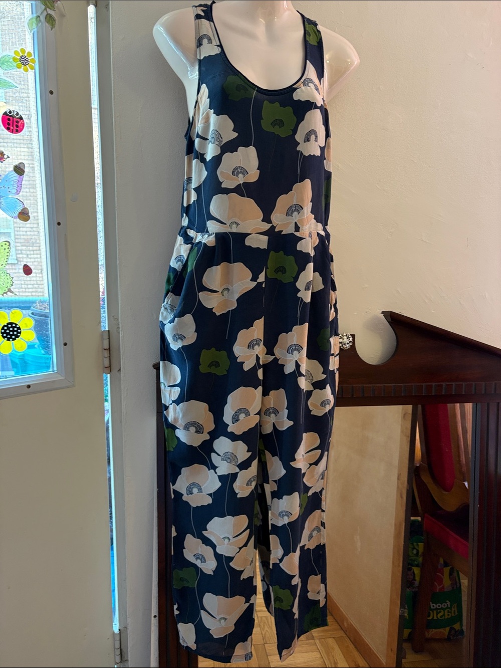 Navy Floral Scoop-Neck Wide-Leg Jumpsuit. Silk